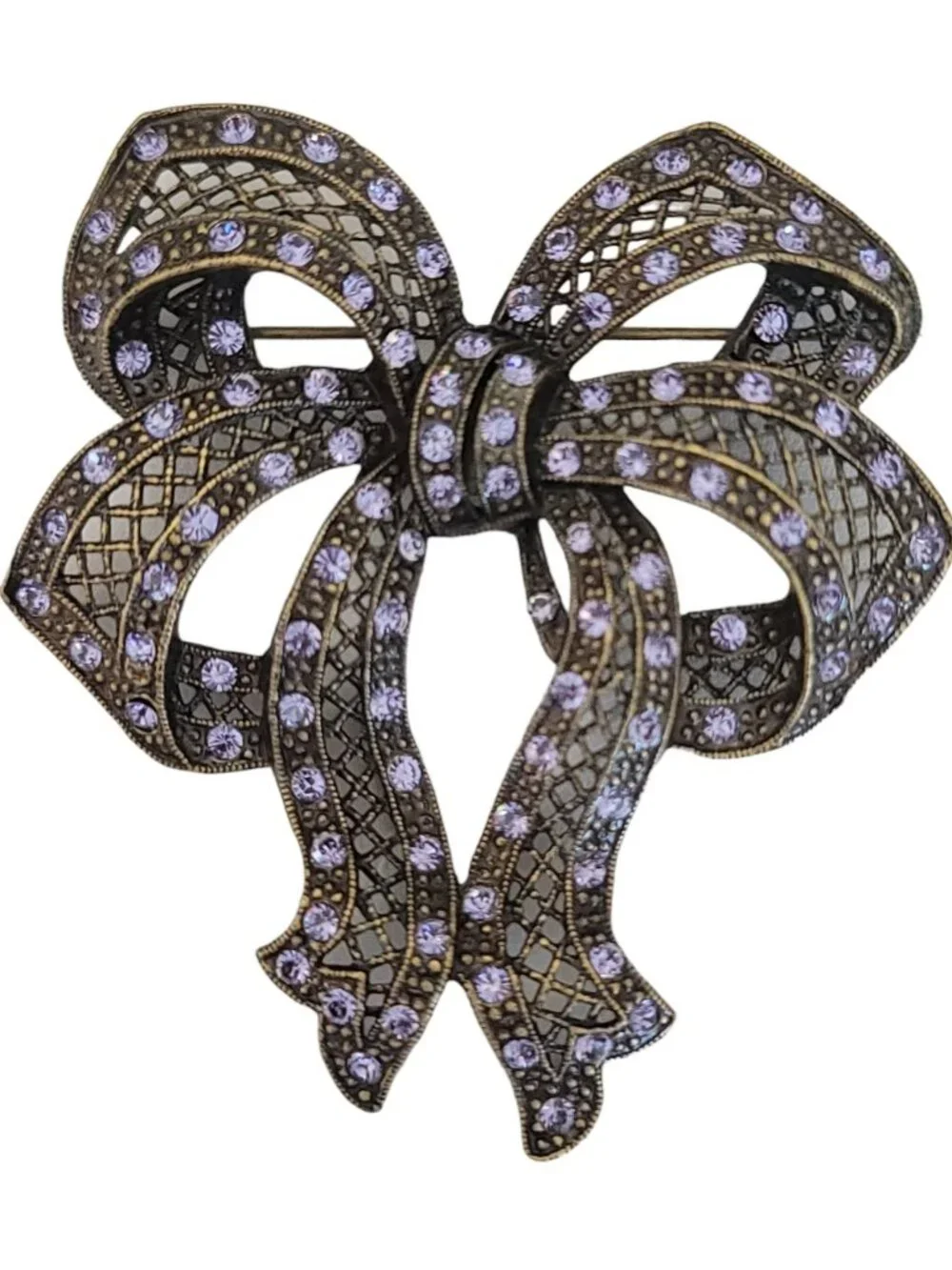 Sweet Romance Bronze Tone Purple Rhinestone Bow Brooch, Signed K354